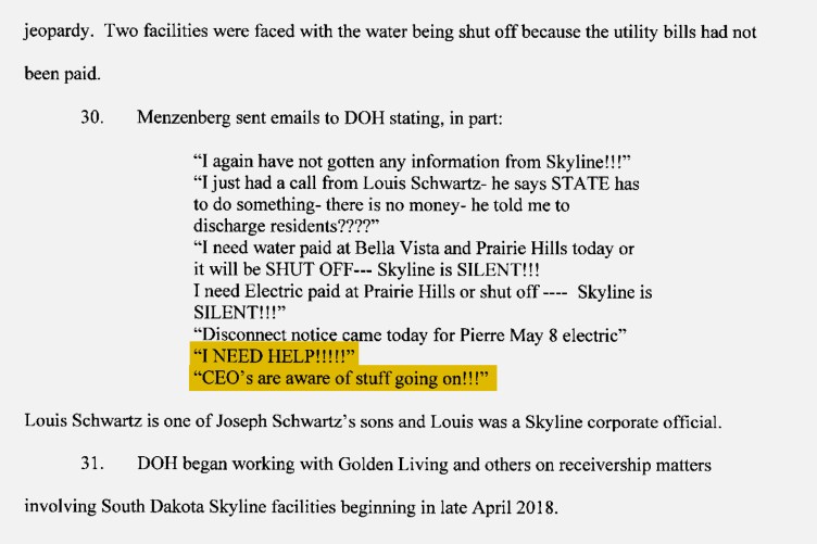 A court document showing emails from a person named Menzenberg, with the highlighted portion stating “I NEED HELP!!!!!” “CEO’s are aware of stuff going on!!!”