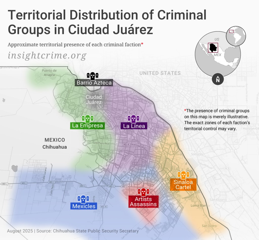 Map of Ciudad Juárez showing the territorial distribution of criminal groups
