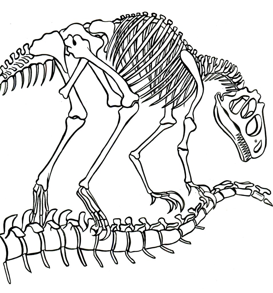 A small dinosaur skeleton crouches, its head low, showing sharp teeth.