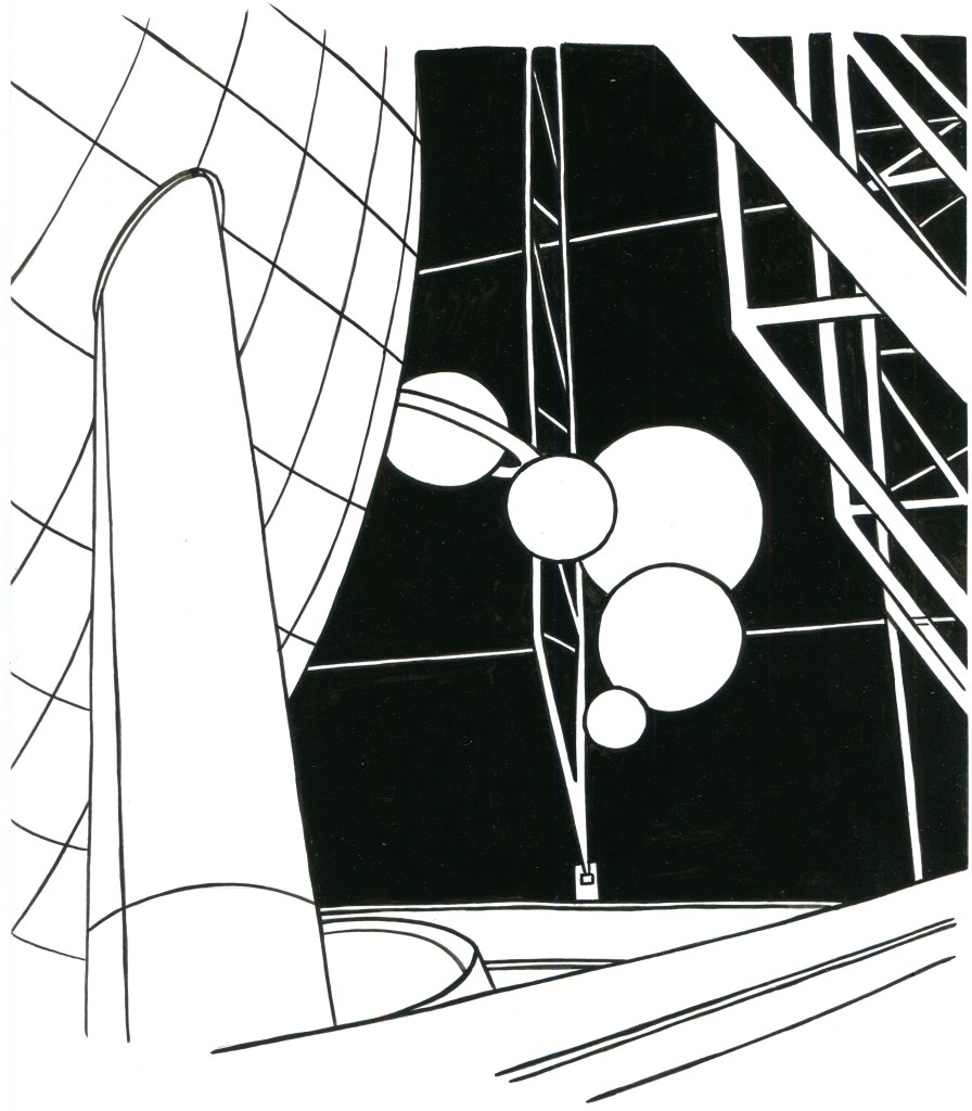 A collection of celestial orbs is suspended in an atrium in the Rose Center for Earth and Space.