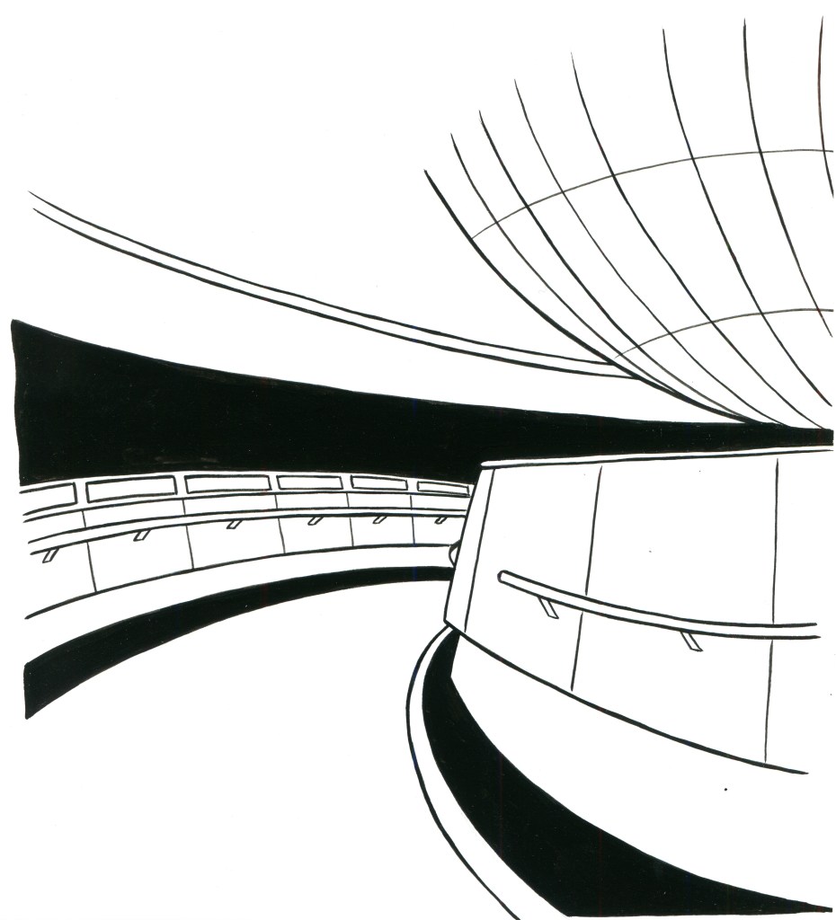 A view of the cosmic pathway, a curved walkway flanked by handrails.