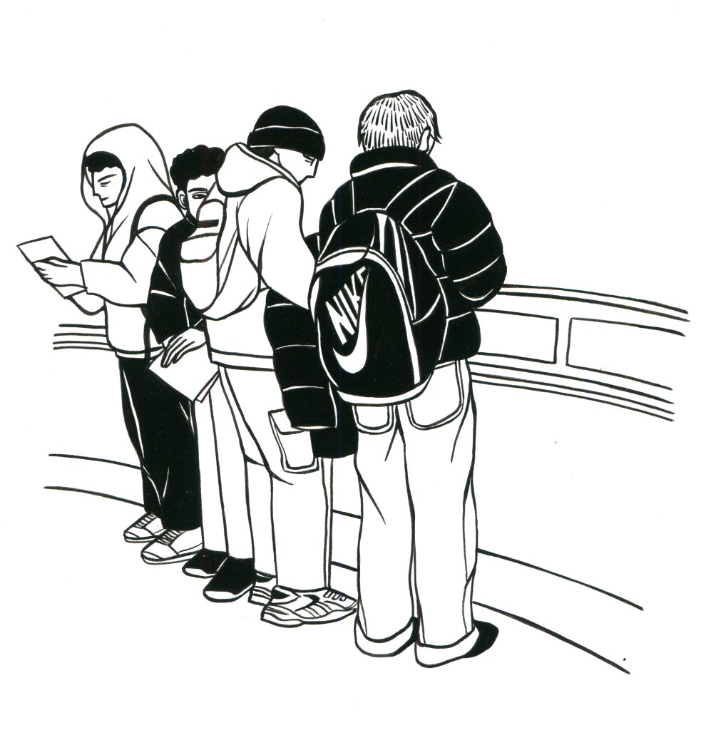 Along the cosmic pathway, a group of young male students stand with their teacher. The students are absorbed in an assignment or in quiet conversation with each other.