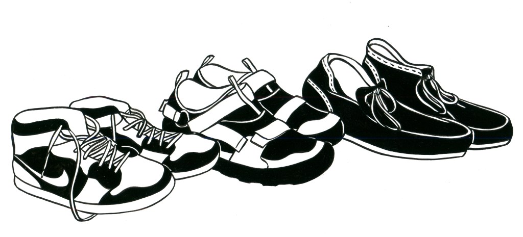An assortment of shoes, ranging from high-top basketball sneakers to ergonomically supportive, lower-top sneakers to a pair of Clarks-style desert boots.