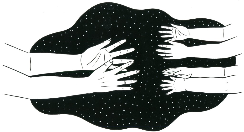 A parent's outstretched hands reach for the outstretched hands of her two children, against a starry cosmic background.