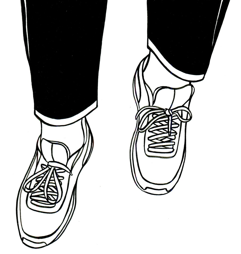 The author beholds her own feet, in comfortable shoes, steering her on her habitual course, the one she typically travels with her children.