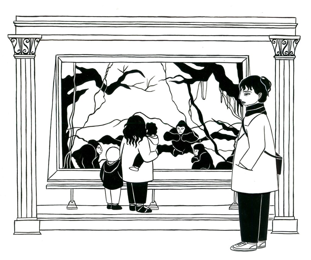 The author, alone, stands before an imagined museum exhibit, which is framed by tall columns. The exhibit is a recreation of the earlier image, in which the author stood with her two children the diorama that showed a family configuration of apes. Now, the author sees a museum exhibit that depicts her family's time at the museum, freezing a vivid moment of parenthood and childhood.