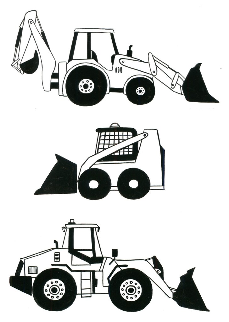 A trio of children's construction vehicle toys, including diggers and bulldozers.