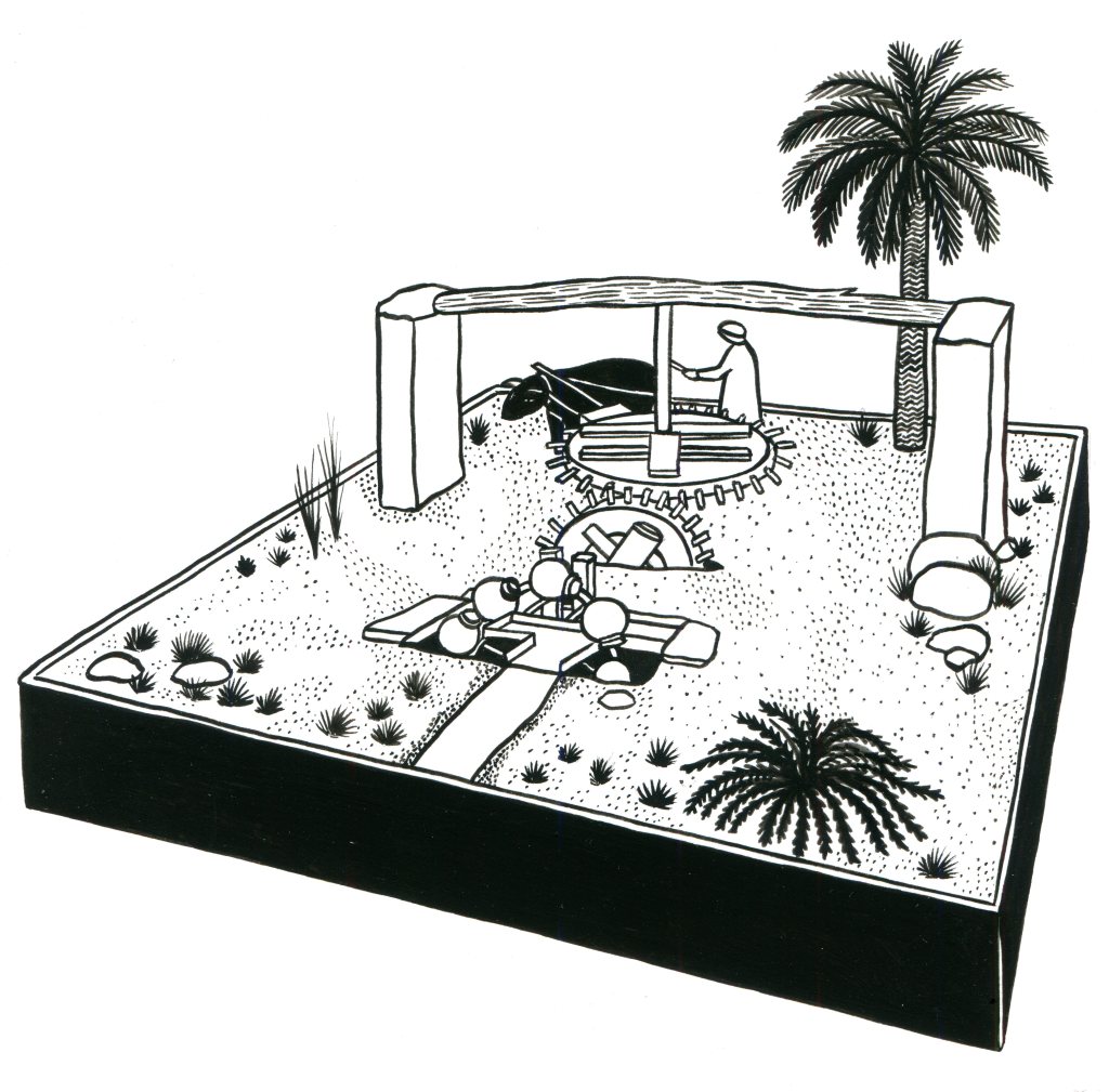 A rendering of a miniature irrigation model from the American Museum of Natural History shows a man propelling a bull in order to turn a series of wheels and provide energy to an irrigation system.