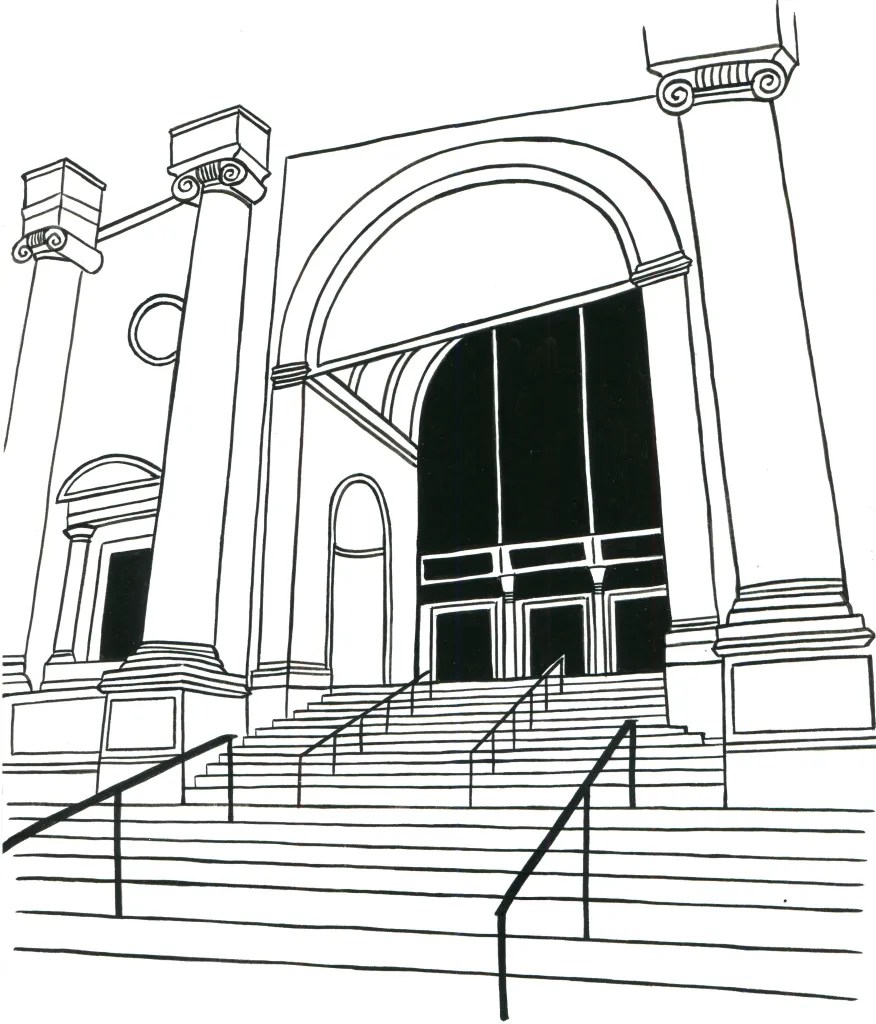 The entrance to the American Museum of Natural History, atop a wide staircase and beneath a tall arch.