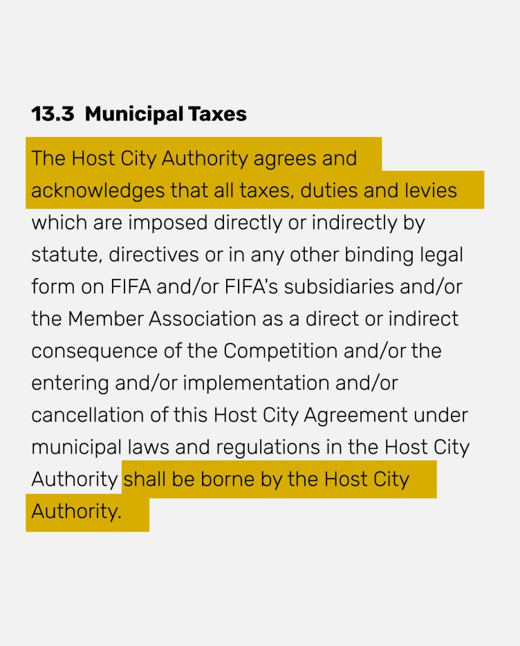 An excerpt from a contract with the title “13.3 Municipal Taxes” and highlighted line “The Host City Authority agrees and acknowledges that all taxes, duties, and levies … shall be borne by the Host City Authority.”