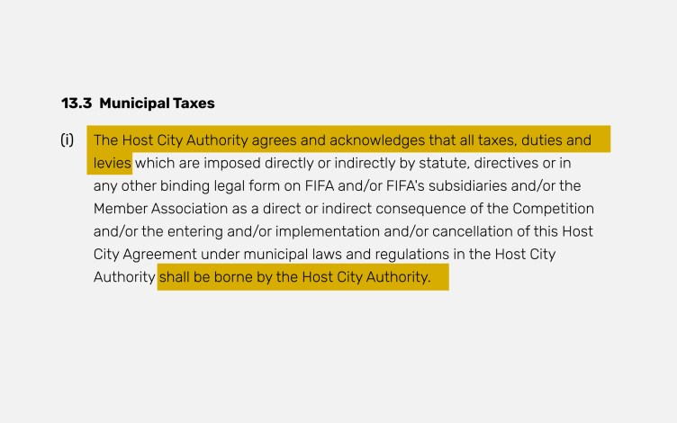 An excerpt from a contract with the title “13.3 Municipal Taxes” and highlighted line “The Host City Authority agrees and acknowledges that all taxes, duties, and levies … shall be borne by the Host City Authority.”