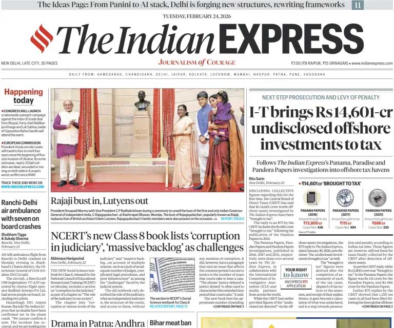 Screenshot of the Indian Express newspaper front page, with the main piece featuring a story on tax investigations linked to the Panama Papers.