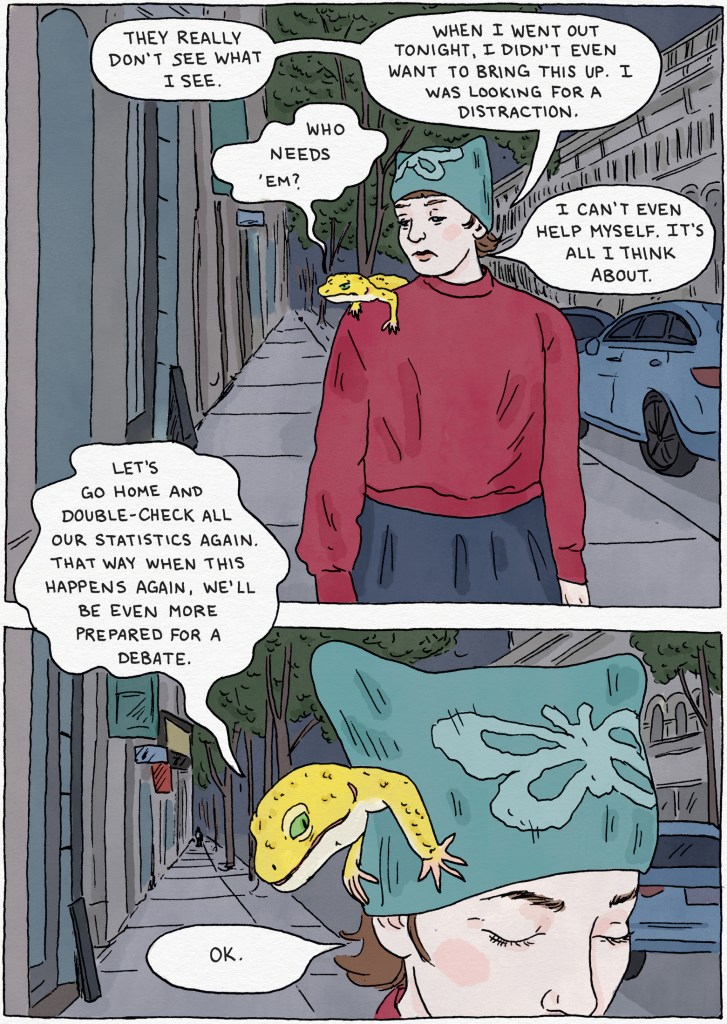 As she walks away, Arizona confides to the lizard on her shoulder that she had hoped to be distracted from her organs and opioids project, but "can't even help myself. It's all I think about." The lizard suggests she do even more research.
