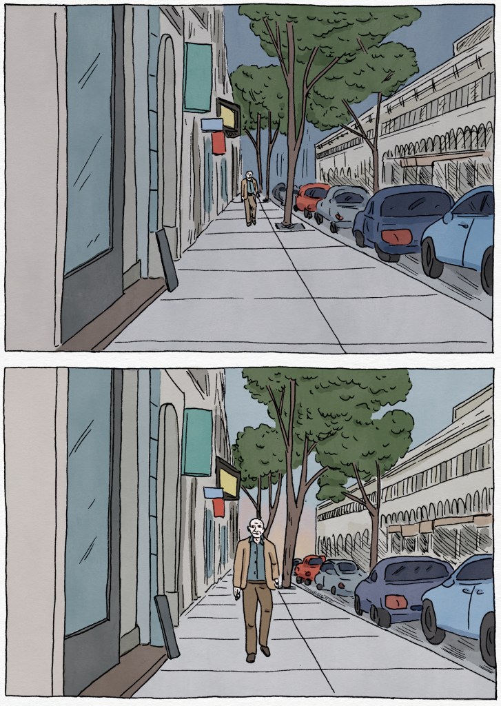 A figure appears on the sidewalk behind Arizona and steps closer to the reader.