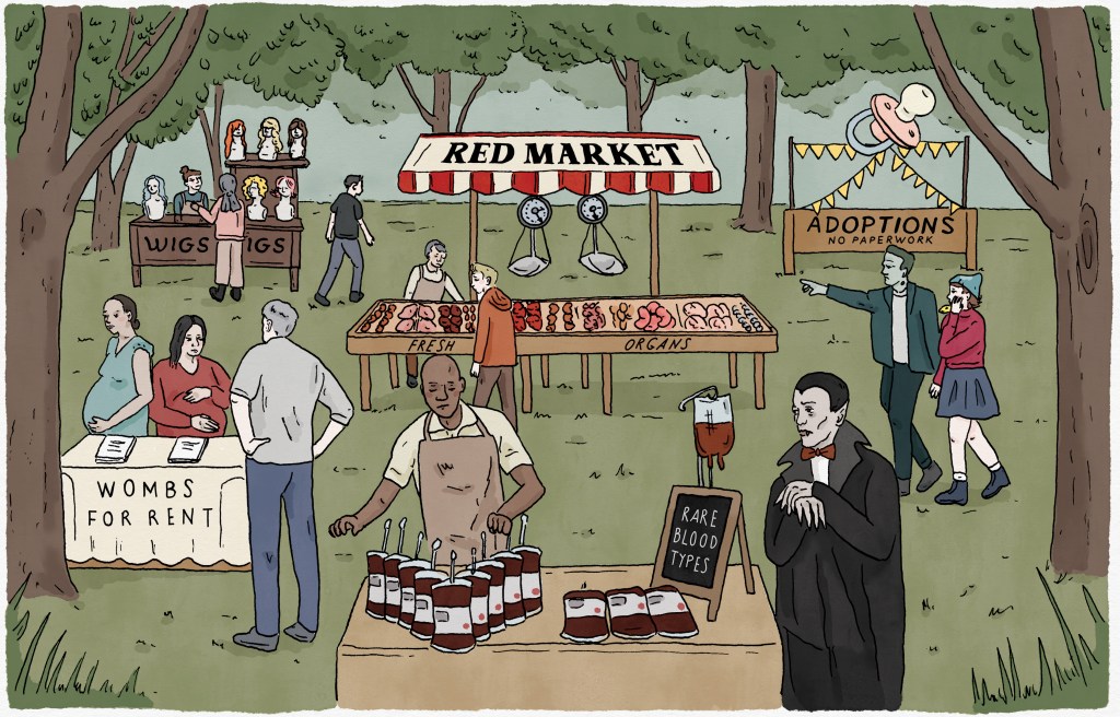 Arizona, the monster, and the lizard move through the park, where a surreal farmer's market now takes place. Rather than produce, the tables offer shoppers "Rare Blood Types" and "Wombs for Rent," along with paperwork-free adoptions and a selection of organs available under a sign that says "red market."