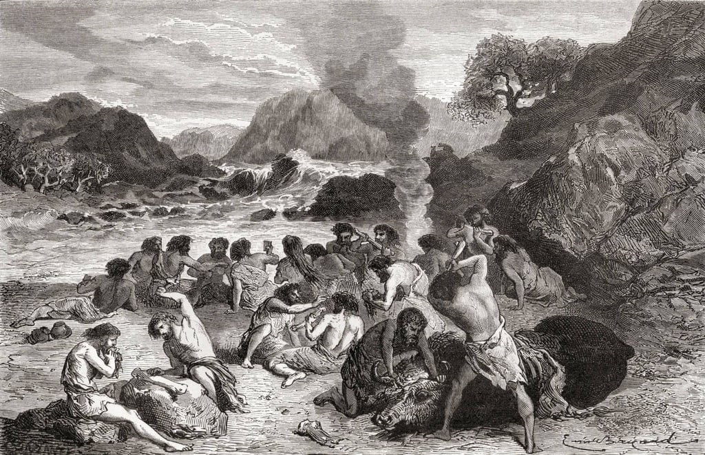 Neanderthals engaging in a feast during prehistoric times, as depicted in L’Homme Primitif, published in 1870. Photo: Universal History Archive/Universal Images Group via Getty Images Neanderthals engaging in a feast during prehistoric times, as depicted in L’Homme Primitif, published in 1870. Photo: Universal History Archive/Universal Images Group via Getty Images