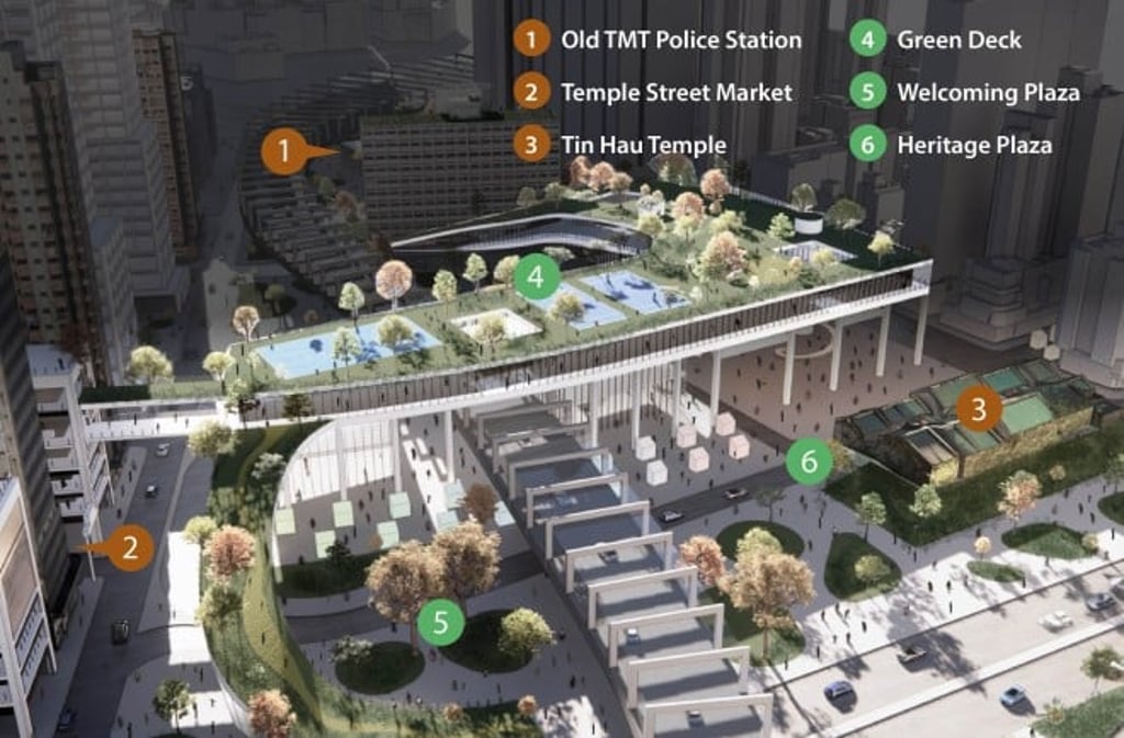 The multi-level green deck, featuring landscaped terraces, playgrounds and public spaces, links nearby destinations via open areas.