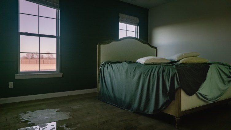 A dark bedroom, dimly lit by light from the windows. Sheets and pillows are on the bed, disheveled, and water is pooled on the floor.