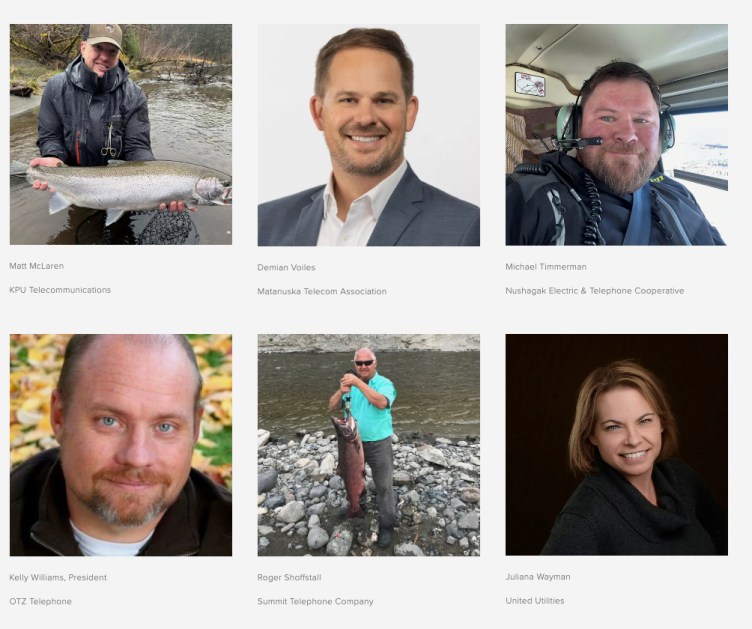 A grid of headshots. Shoffstall’s photo shows him wearing sunglasses, an aqua shirt and gray pants in front of a river, holding a large, reddish-gray fish.