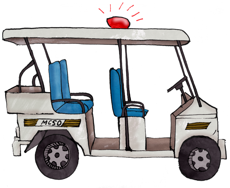An illustration of a white golf cart with blue seats, a red flashing siren on the roof and “MCSO” markings on the side.