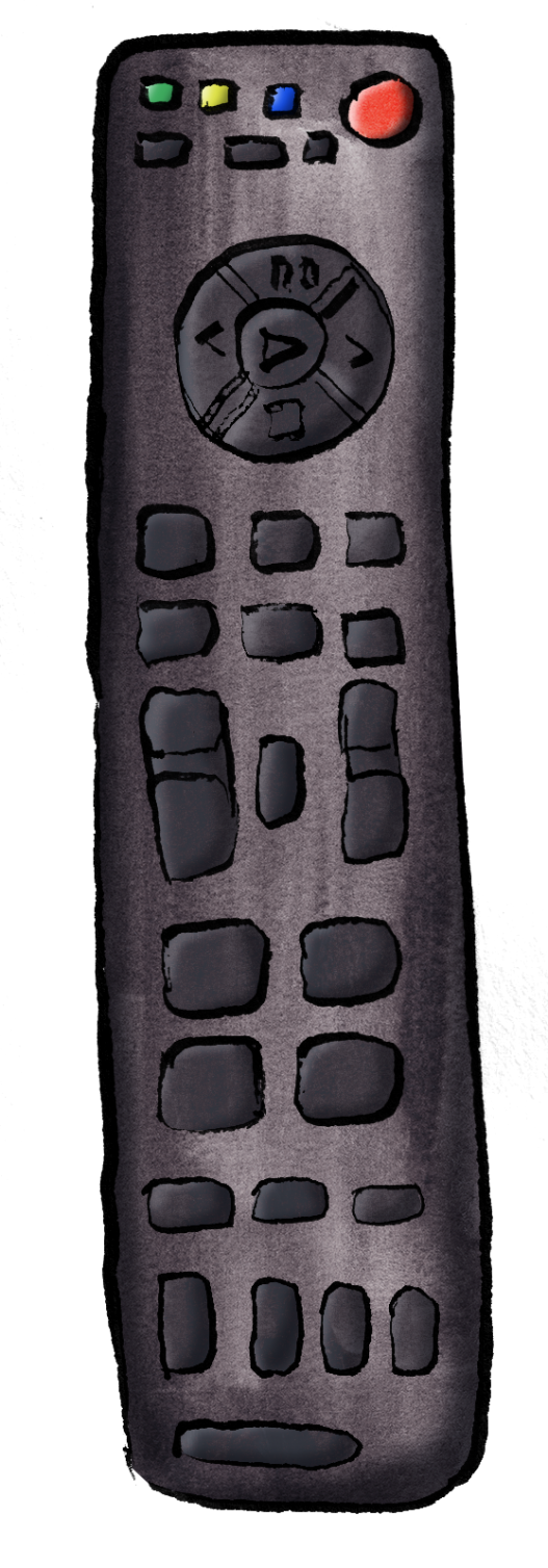 An illustration of a black remote control with various buttons, including a prominent circular directional pad and a red power button at the top right.