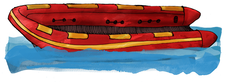 An illustration of a red inflatable raft with yellow accents floating on water.