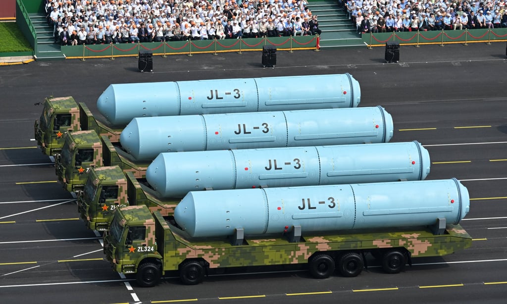 China’s JL-3 submarine-launched ballistic missiles make their public debut at a military parade in Beijing in September 2025. Photo: Xinhua China’s JL-3 submarine-launched ballistic missiles make their public debut at a military parade in Beijing in September 2025. Photo: Xinhua