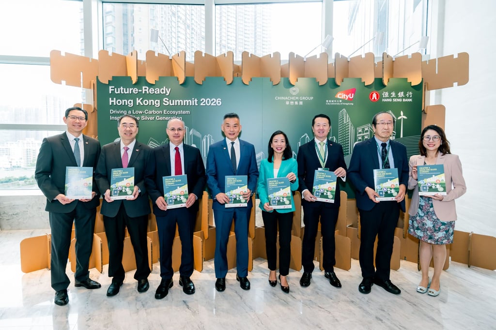 Delegates present the ‘Creating a Green and Silver Economy’ white paper to attendees at the Future-ready Hong Kong Summit 2026. Delegates present the ‘Creating a Green and Silver Economy’ white paper to attendees at the Future-ready Hong Kong Summit 2026.