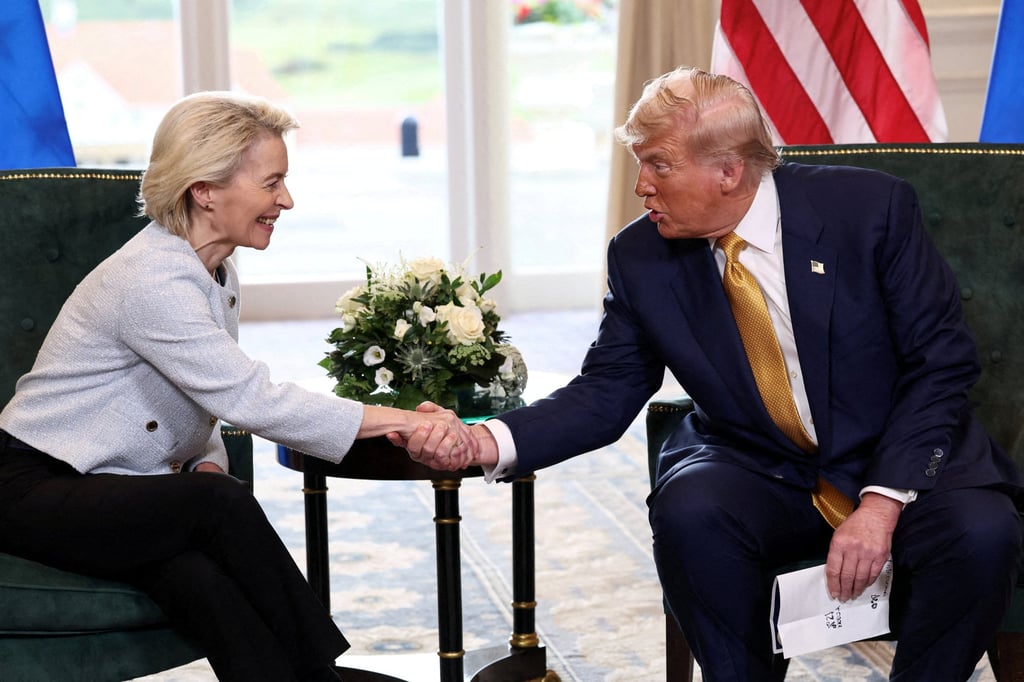 US President Donald Trump shakes hands with European Commission President Ursula von der Leyen after an announcement of a trade deal between the US and EU in Turnberry, Scotland, on July 27, 2025. Photo: Reuters US President Donald Trump shakes hands with European Commission President Ursula von der Leyen after an announcement of a trade deal between the US and EU in Turnberry, Scotland, on July 27, 2025. Photo: Reuters