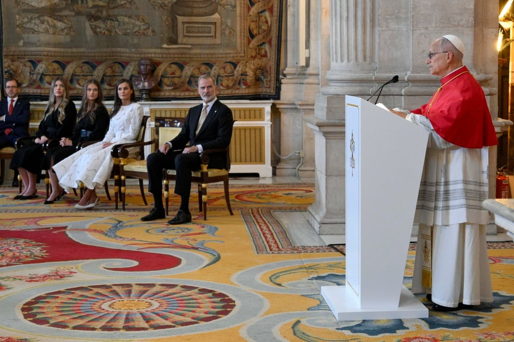 Pope Leo delivers a speech watched by Spain’s Felipe VI in the Royal Palace in Madrid on Saturday. Photo: EPA/Vatican Media Pope Leo delivers a speech watched by Spain’s Felipe VI in the Royal Palace in Madrid on Saturday. Photo: EPA/Vatican Media