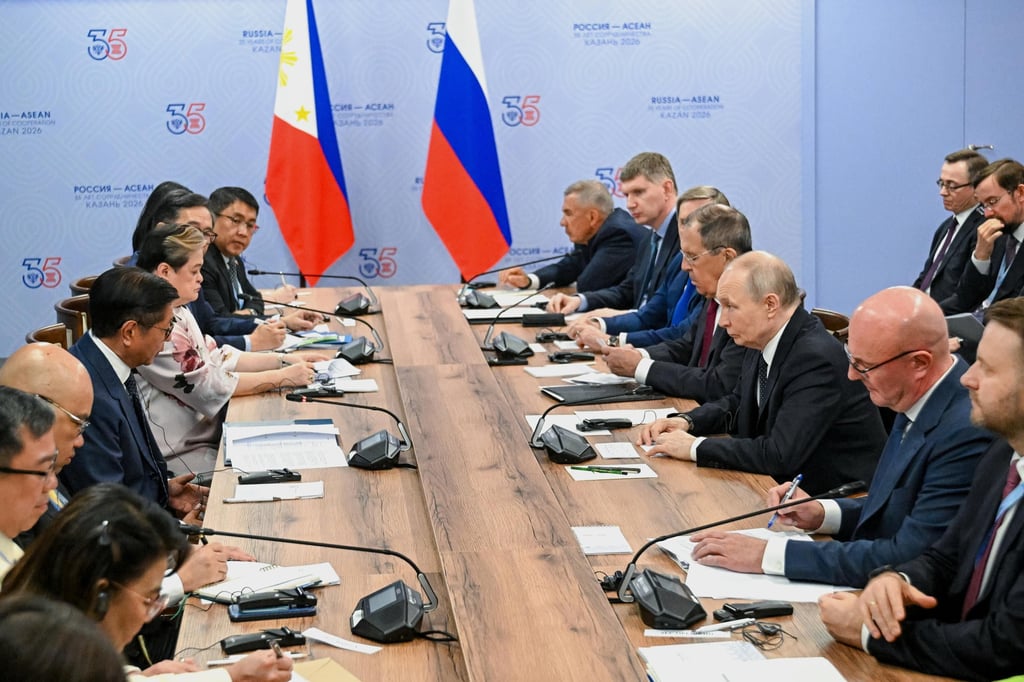 Philippine President Ferdinand Marcos Jnr and Russian President Vladimir Putin hold talks on the sidelines of the Russia-Asean summit in Kazan on Wednesday. Photo: Sputnik via AP Philippine President Ferdinand Marcos Jnr and Russian President Vladimir Putin hold talks on the sidelines of the Russia-Asean summit in Kazan on Wednesday. Photo: Sputnik via AP
