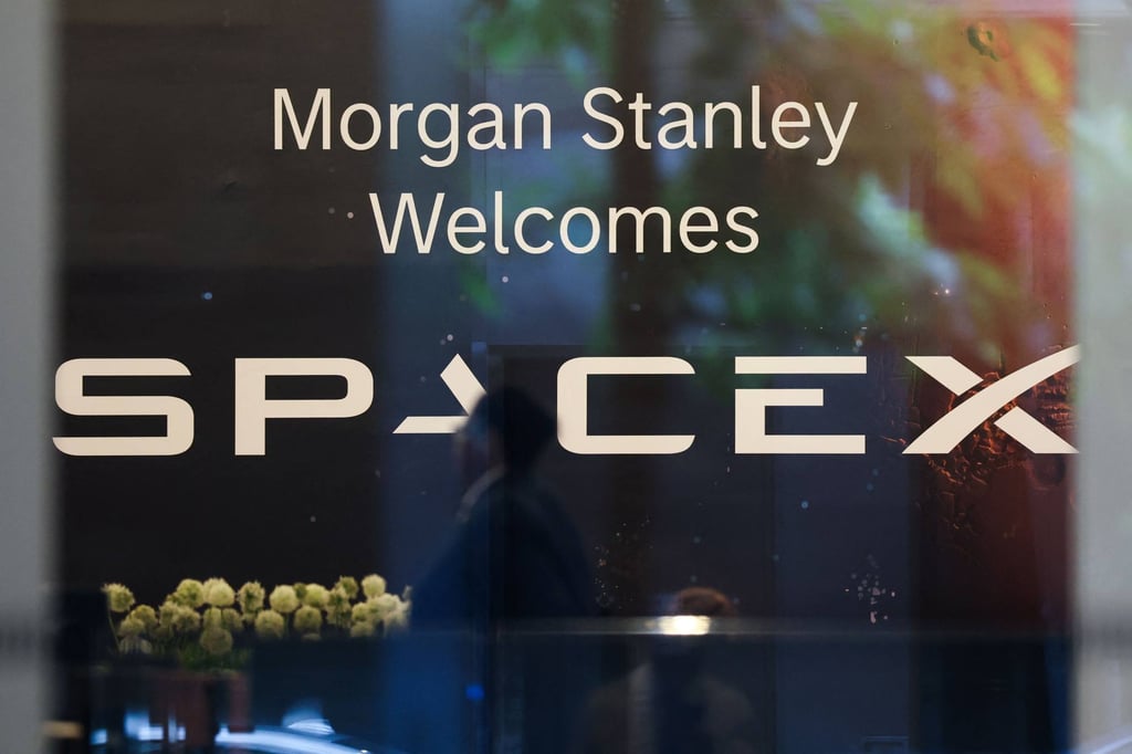 A wall inside the lobby of Morgan Stanley’s global headquarters in New York on Thursday reads “Morgan Stanley Welcomes SpaceX”. Photo: AFP A wall inside the lobby of Morgan Stanley’s global headquarters in New York on Thursday reads “Morgan Stanley Welcomes SpaceX”. Photo: AFP