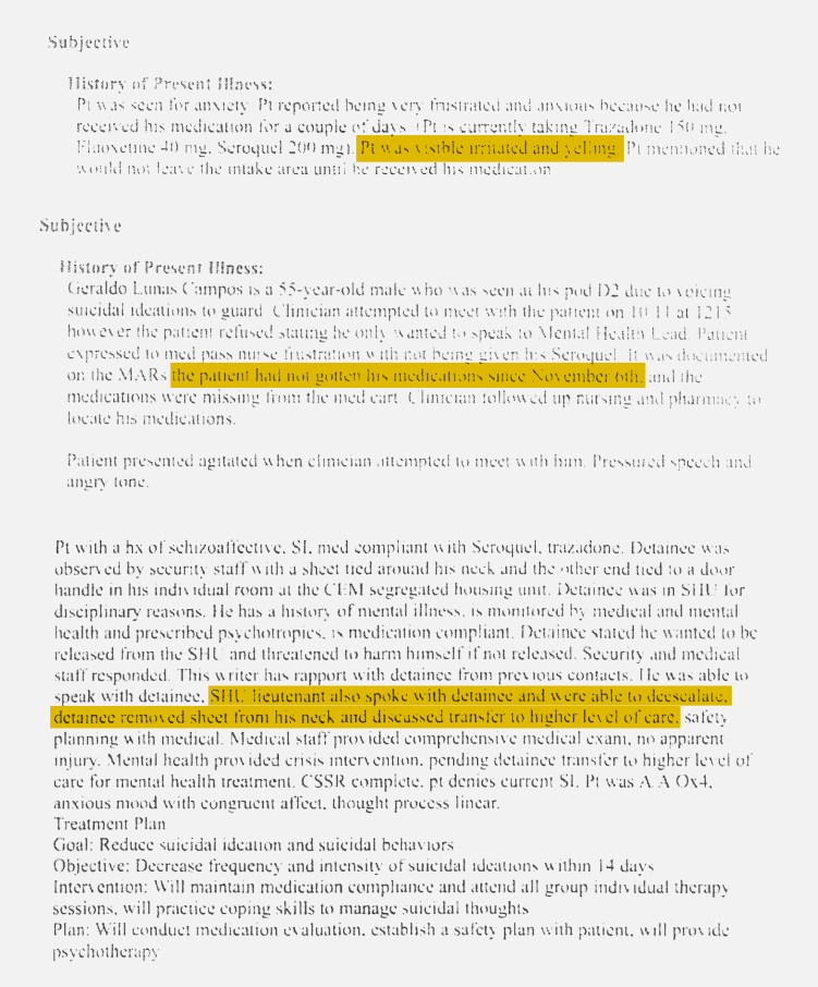A compilation of three patient history excerpts shows various entries regarding Geraldo Lunas Campos. The text contains three highlighted sections: First section: "Pt was visible irritated and yelling." Second section: "the patient had not gotten his medications since November 6th." Third section: "SHU lieutenant also spoke with detainee and were able to deescalate, detainee removed sheet from his neck and discussed transfer to higher level of care."