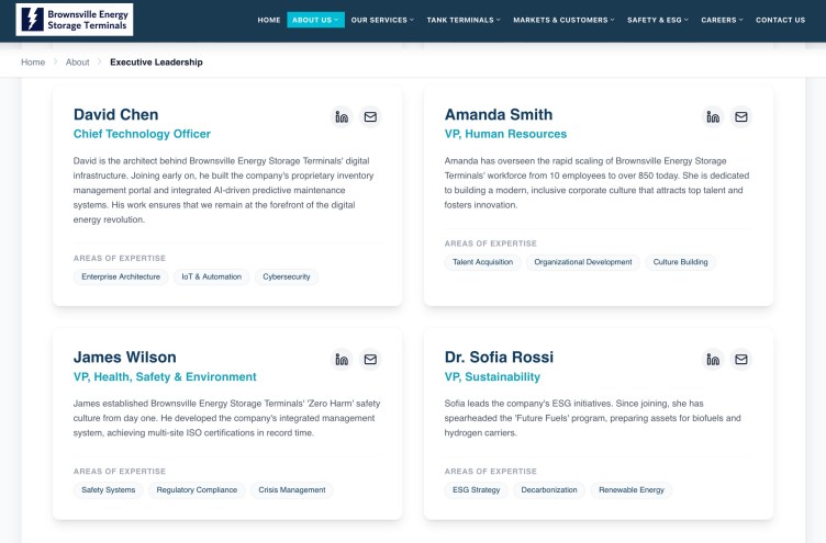 On the page about the executive leadership of Brownsville Energy Storage Terminals there are four employees with their credentials listed.