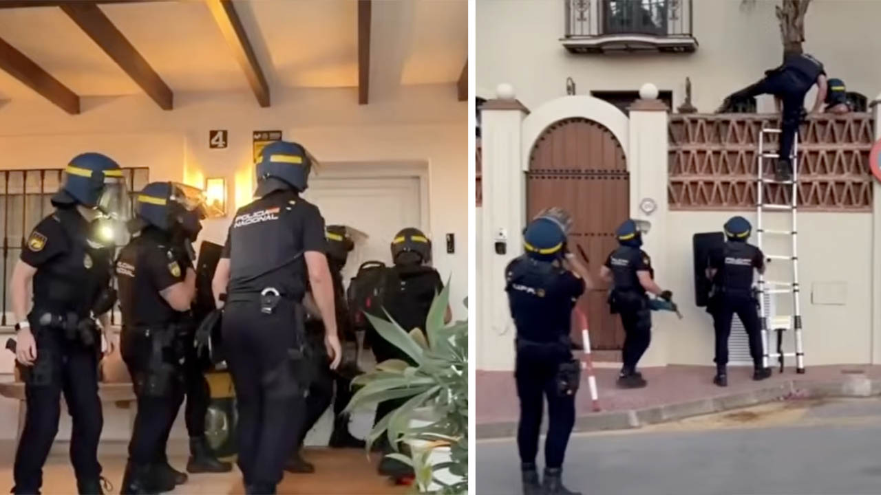 Two photos side by side showing uniformed police entering properties in Spain.