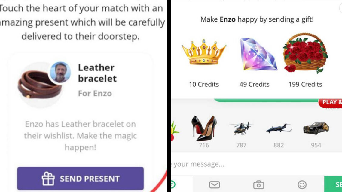 Screenshots showing prompts to purchase a leather bracelet for Enzo and to spend credits on sending Enzo digital stickers.