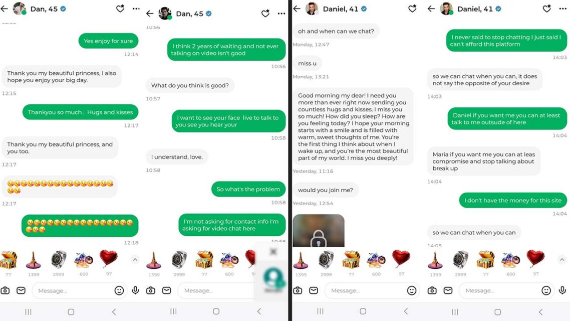 Screenshots of messages between Maria and Dan, 45 and Daniel, 41 on AmoLatina.