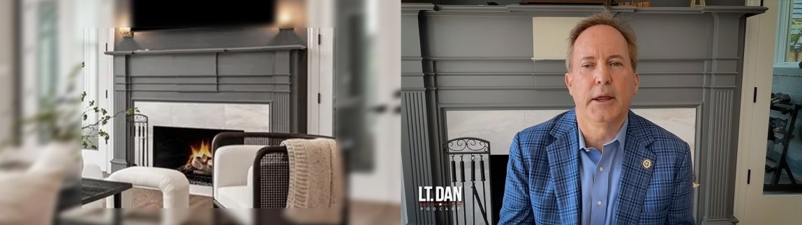A two-panel image shows a brightly lit, modern living room on the left featuring a fireplace under a television and a blurred, square crop around the center of the frame. On the right, Texas Attorney General Ken Paxton wears a blue plaid jacket while speaking during an interview for the “Lt. Dan Podcast” in front of the same gray fireplace mantle.