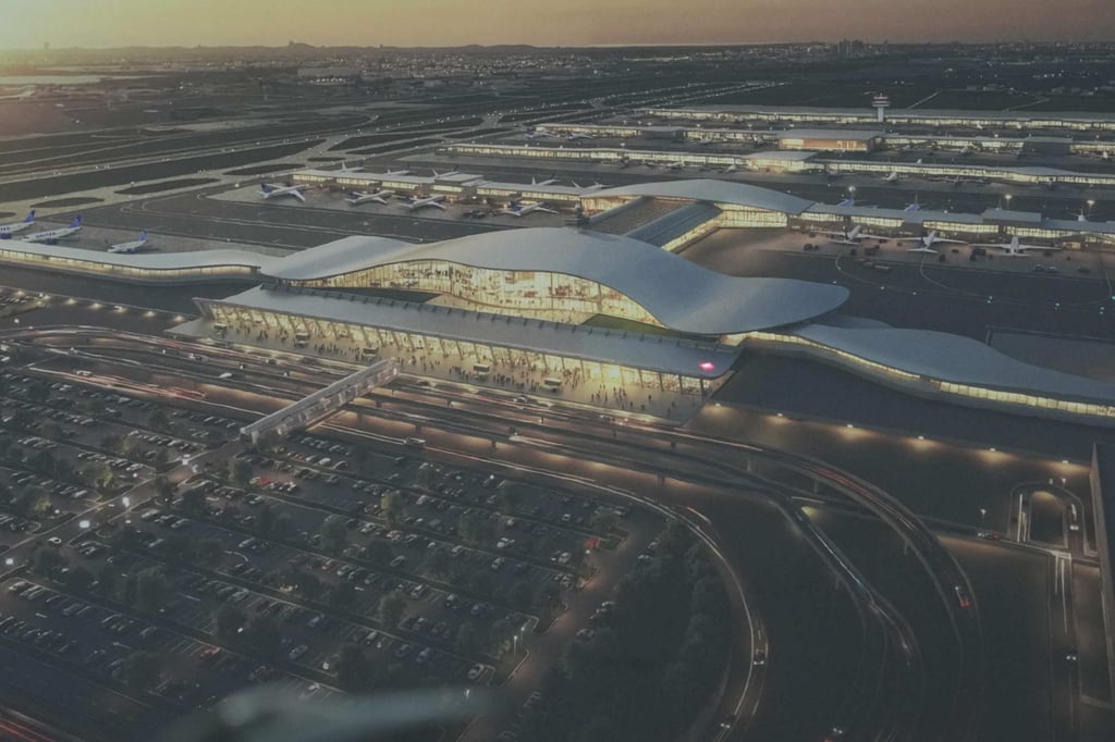 A rendering of the planned renovation of Washington Dulles International Airport is seen in the Oval Office on Wednesday. Photo: AFP A rendering of the planned renovation of Washington Dulles International Airport is seen in the Oval Office on Wednesday. Photo: AFP
