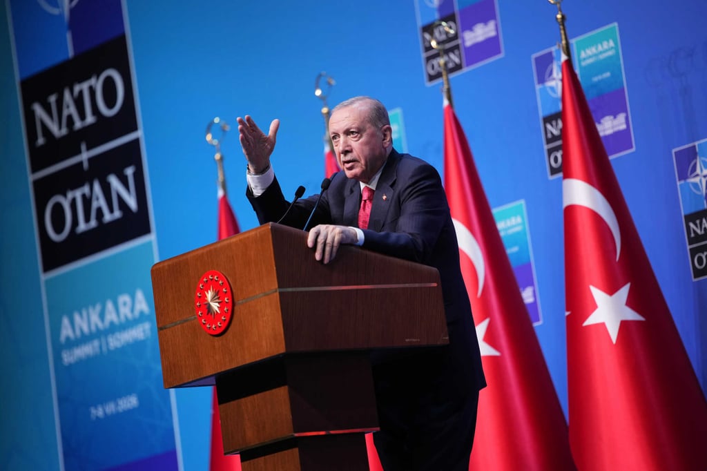 Turkish President Recep Tayyip Erdogan speaks during a media conference at the Nato summit in Ankara on Wednesday. Photo: AP Turkish President Recep Tayyip Erdogan speaks during a media conference at the Nato summit in Ankara on Wednesday. Photo: AP
