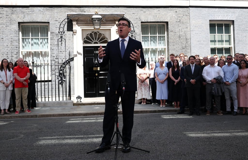 New British Prime Minister Andy Burnham delivers a speech outside 10 Downing Street in London on Monday. Photo: EPA New British Prime Minister Andy Burnham delivers a speech outside 10 Downing Street in London on Monday. Photo: EPA