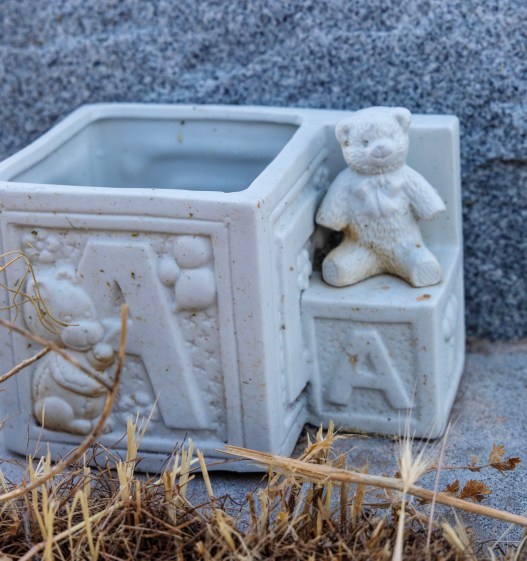 White alphabet blocks decorated with the letter A and teddy bears rest on a gray stone with yellow grass growing in front.