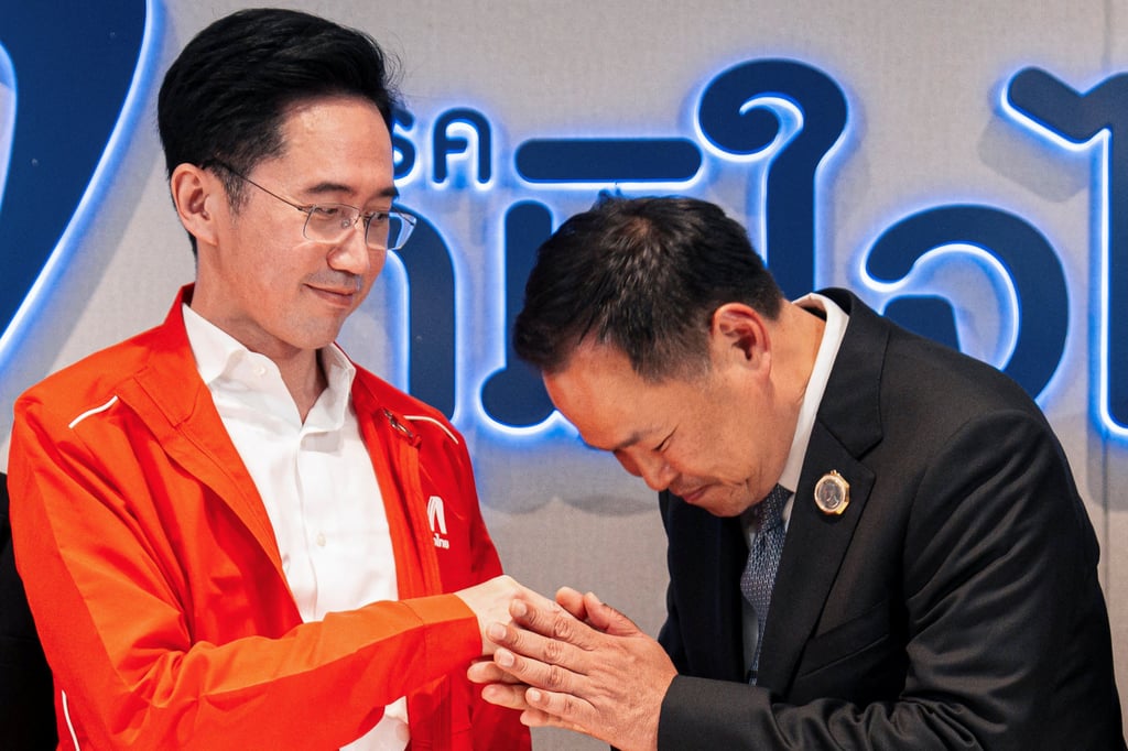 Thai Prime Minister Anutin Charnvirakul thanks Pheu Thai’s Yodchanan Wongsawat for agreeing to form a coalition on February 13. Photo: Reuters Thai Prime Minister Anutin Charnvirakul thanks Pheu Thai’s Yodchanan Wongsawat for agreeing to form a coalition on February 13. Photo: Reuters