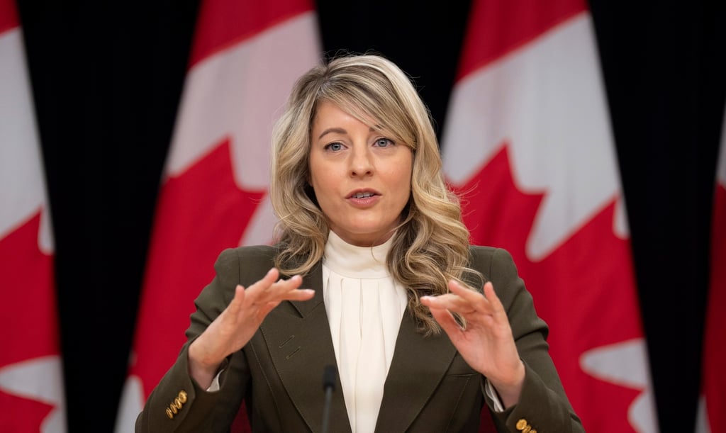 Canadian Foreign Affairs Minister Melanie Joly responds to a question during a news conference in Ottawa in March. Photo: The Canadian Press via AP Canadian Foreign Affairs Minister Melanie Joly responds to a question during a news conference in Ottawa in March. Photo: The Canadian Press via AP