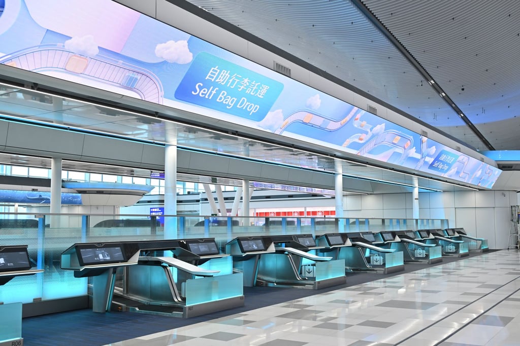 Terminal 2 offers self bag-drop machines designed with AI-powered scanning cameras as well as ergonomic, ultra-low platforms, allowing passengers to complete the baggage process with ease in just 45 seconds. Photo: Airport Authority Hong Kong