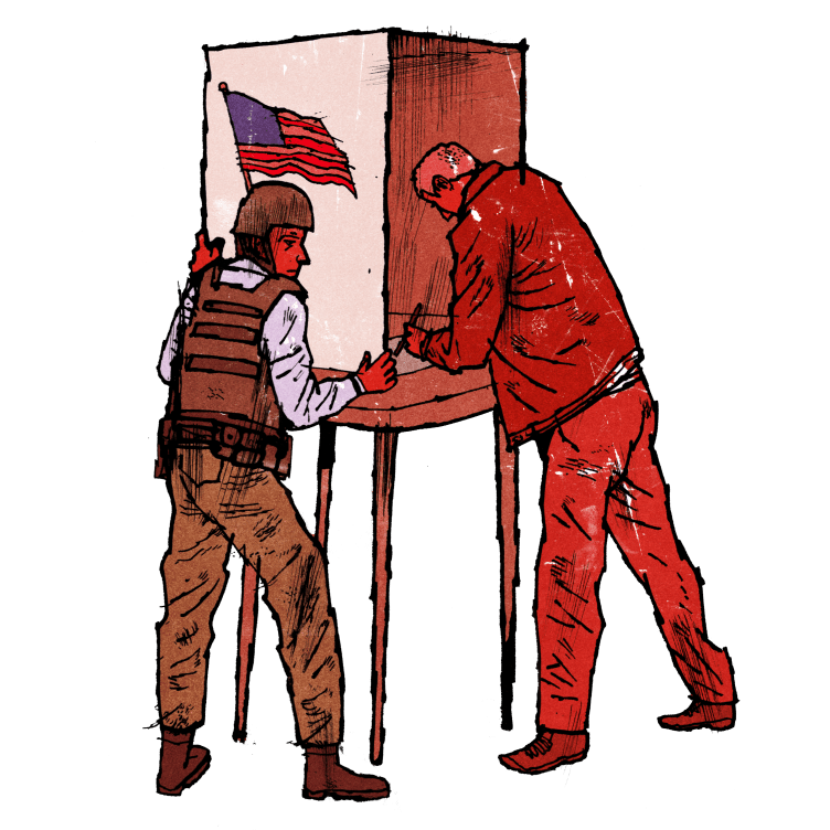 An illustration of a person leaning over a voting booth to cast a ballot, closely watched by a guard in tactical gear and a helmet standing beside the booth.