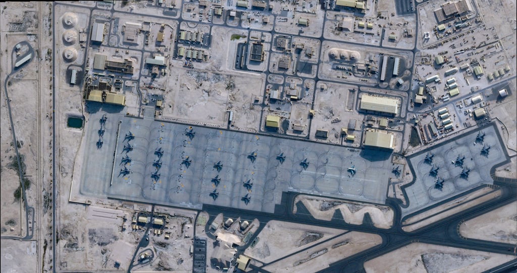 A satellite image shows aircraft at the Al Udeid Air Base, near Doha, Qatar, in February. Image: Planet Labs PBC via Reuters A satellite image shows aircraft at the Al Udeid Air Base, near Doha, Qatar, in February. Image: Planet Labs PBC via Reuters