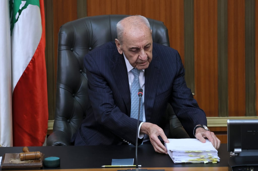 Lebanese Parliament Speaker Nabih Berri opens the parliamentary session to discuss the abolition of the death penalty in Beirut, Lebanon, on Tuesday. Photo: EPA Lebanese Parliament Speaker Nabih Berri opens the parliamentary session to discuss the abolition of the death penalty in Beirut, Lebanon, on Tuesday. Photo: EPA