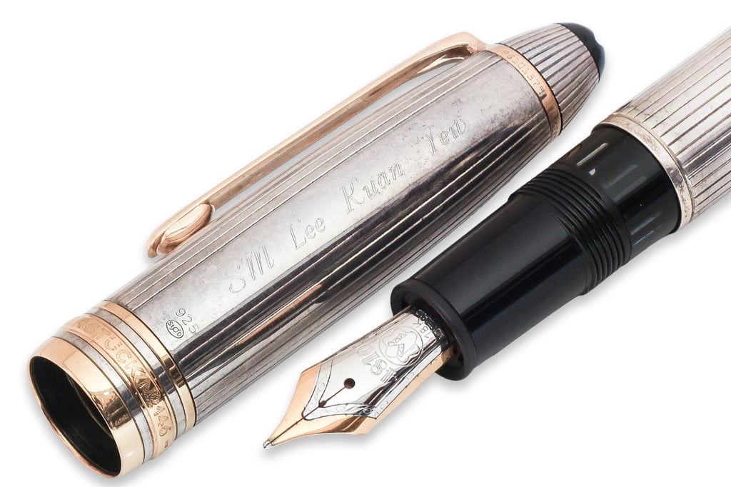 The sterling silver Montblanc Meisterstuck No 146 fountain pen is engraved with “SM Lee Kuan Yew”. Photo: Handout The sterling silver Montblanc Meisterstuck No 146 fountain pen is engraved with “SM Lee Kuan Yew”. Photo: Handout
