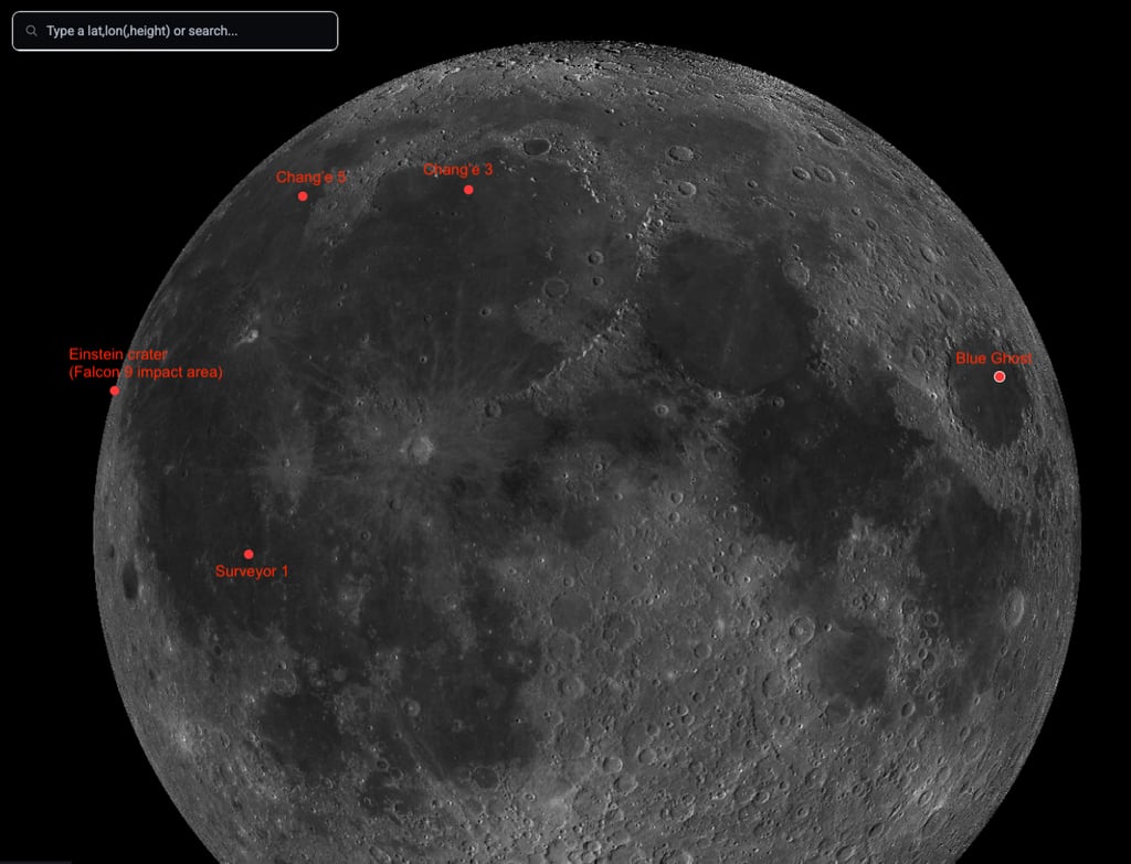 Nasa’s Lunar Reconnaissance Orbiter map shows the predicted impact site for a Falcon 9 rocket part, expected to strike the moon on Wednesday, and the locations of other moon landers. Image: Nasa Nasa’s Lunar Reconnaissance Orbiter map shows the predicted impact site for a Falcon 9 rocket part, expected to strike the moon on Wednesday, and the locations of other moon landers. Image: Nasa